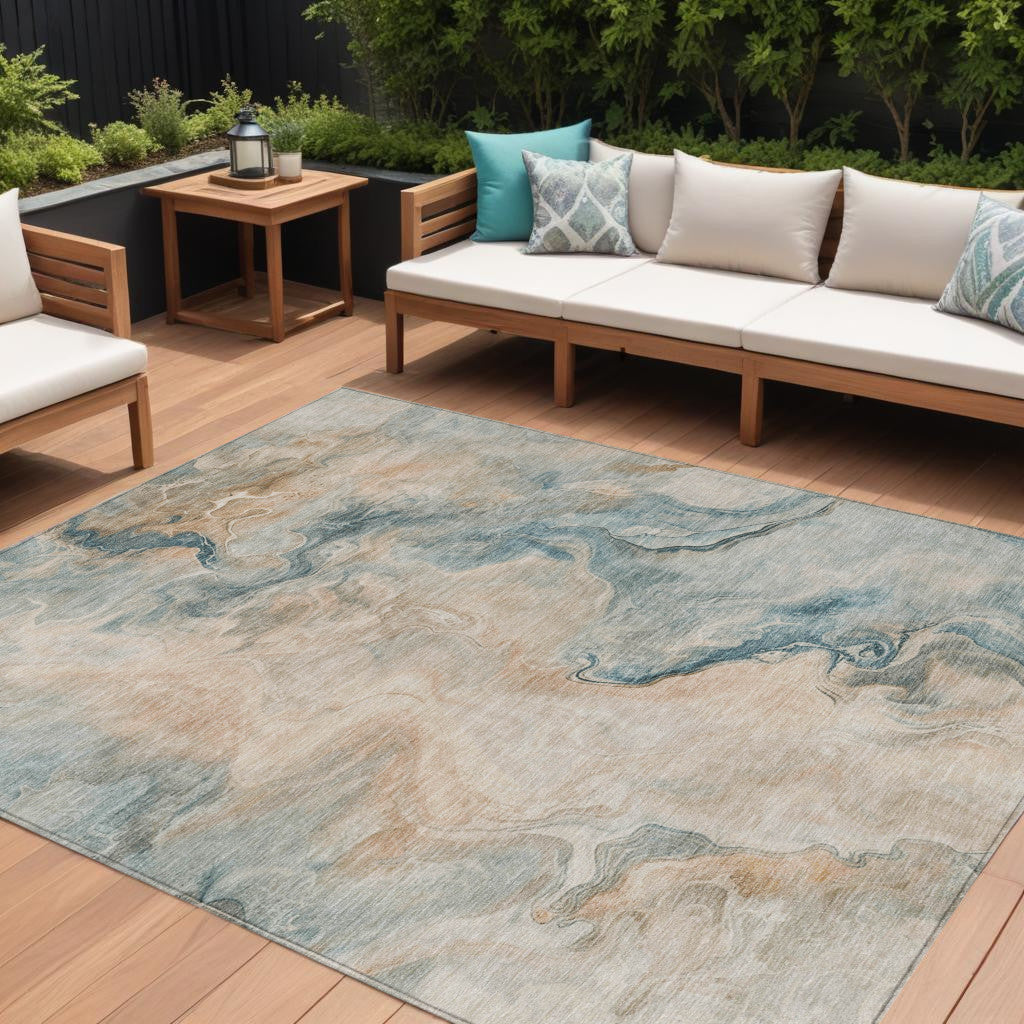8' X 10' Teal Blue Coral And Ivory Abstract Washable Indoor Outdoor Area Rug