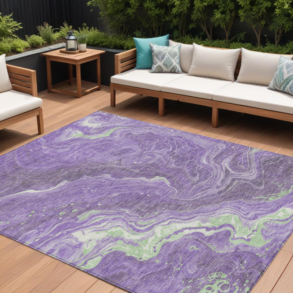9' X 12' Purple Mint Green And Ivory Abstract Washable Indoor Outdoor Area Rug