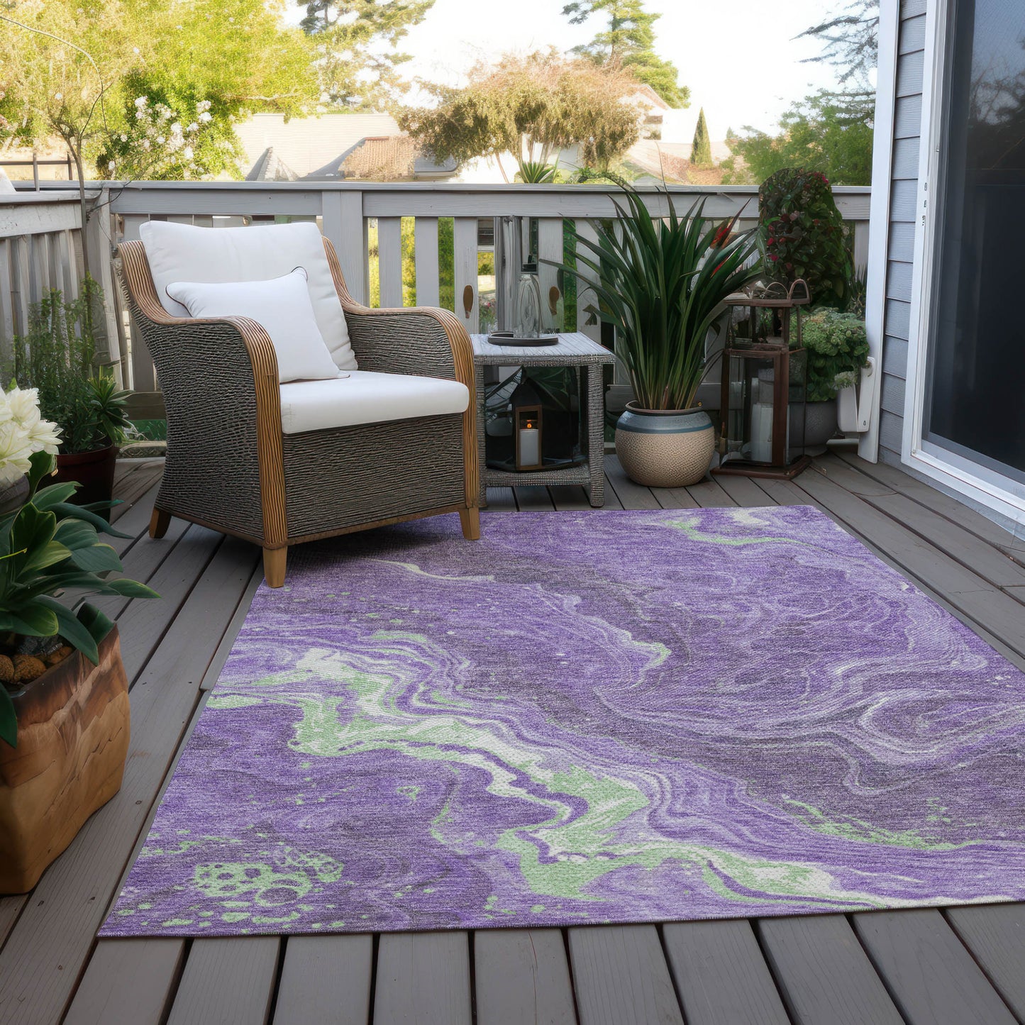 9' X 12' Purple Mint Green And Ivory Abstract Washable Indoor Outdoor Area Rug