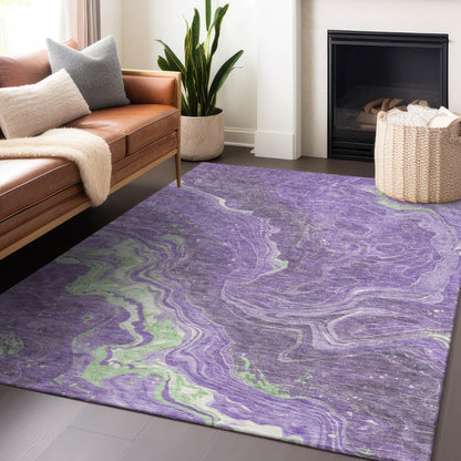 9' X 12' Purple Mint Green And Ivory Abstract Washable Indoor Outdoor Area Rug