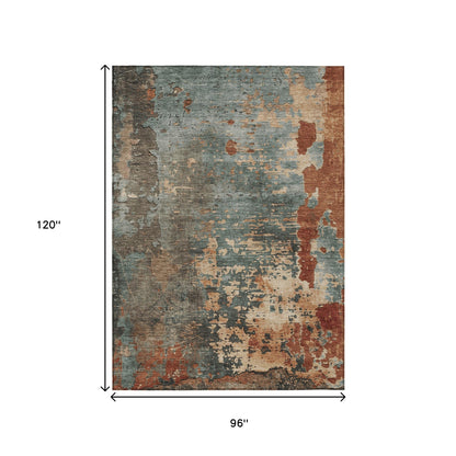 8' X 10' Pale Aqua Copper And Beige Abstract Washable Indoor Outdoor Area Rug
