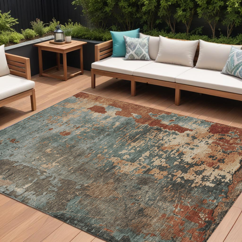 8' X 10' Pale Aqua Copper And Beige Abstract Washable Indoor Outdoor Area Rug