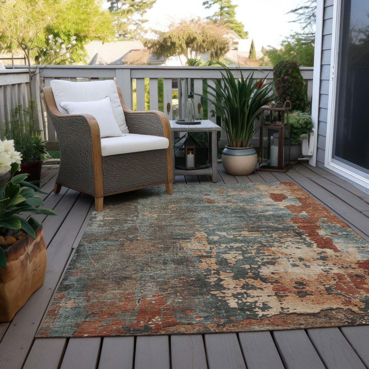 8' X 10' Pale Aqua Copper And Beige Abstract Washable Indoor Outdoor Area Rug