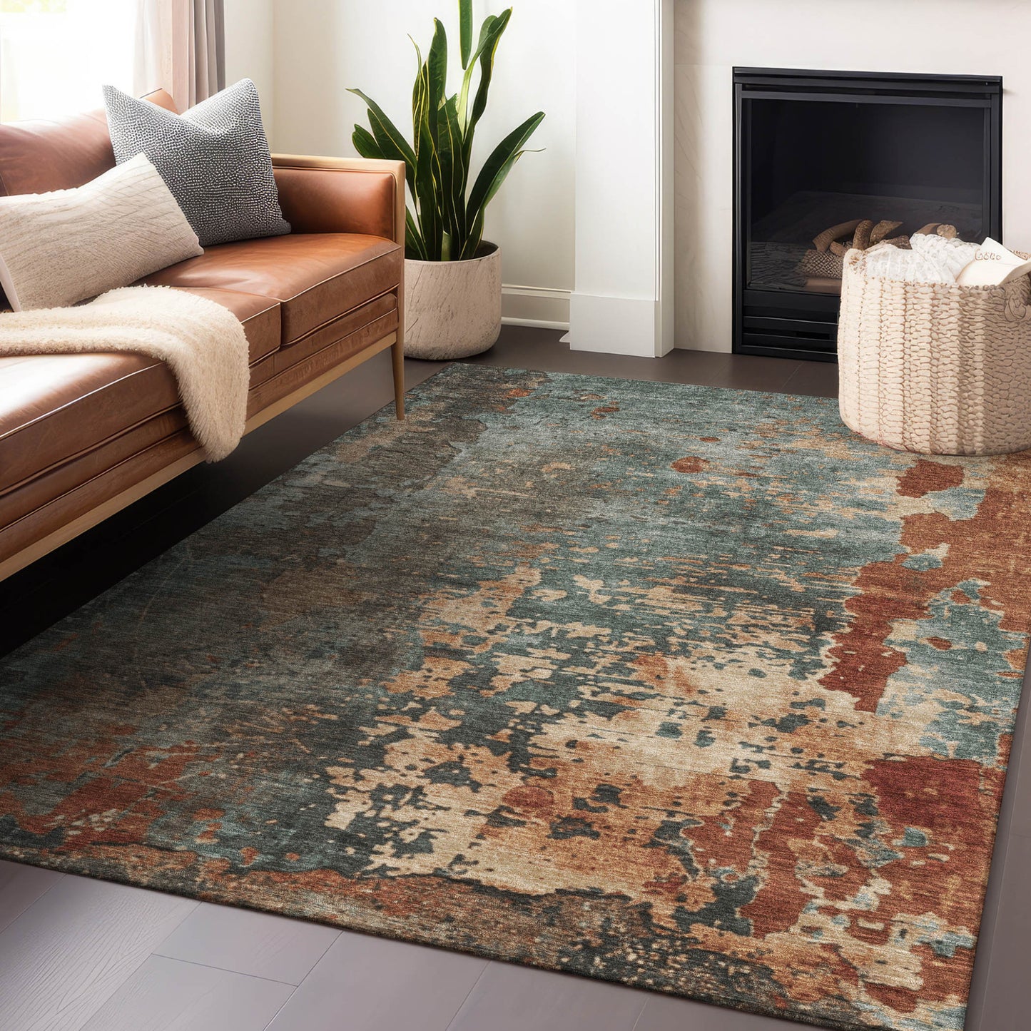 8' X 10' Pale Aqua Copper And Beige Abstract Washable Indoor Outdoor Area Rug