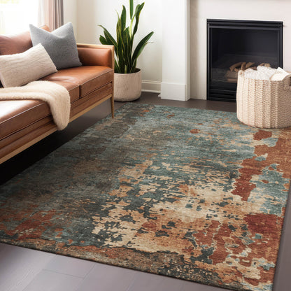 8' X 10' Pale Aqua Copper And Beige Abstract Washable Indoor Outdoor Area Rug