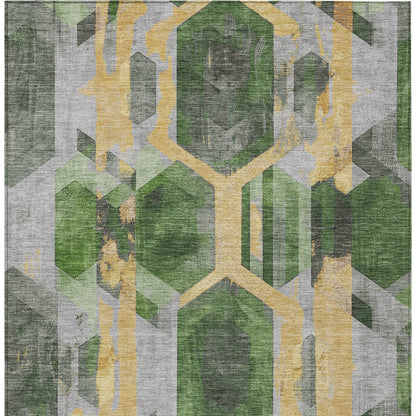 5' X 8' Green Gold And Silver Geometric Washable Indoor Outdoor Area Rug