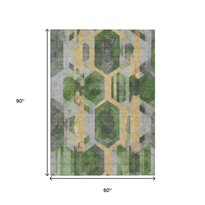 5' X 8' Green Gold And Silver Geometric Washable Indoor Outdoor Area Rug