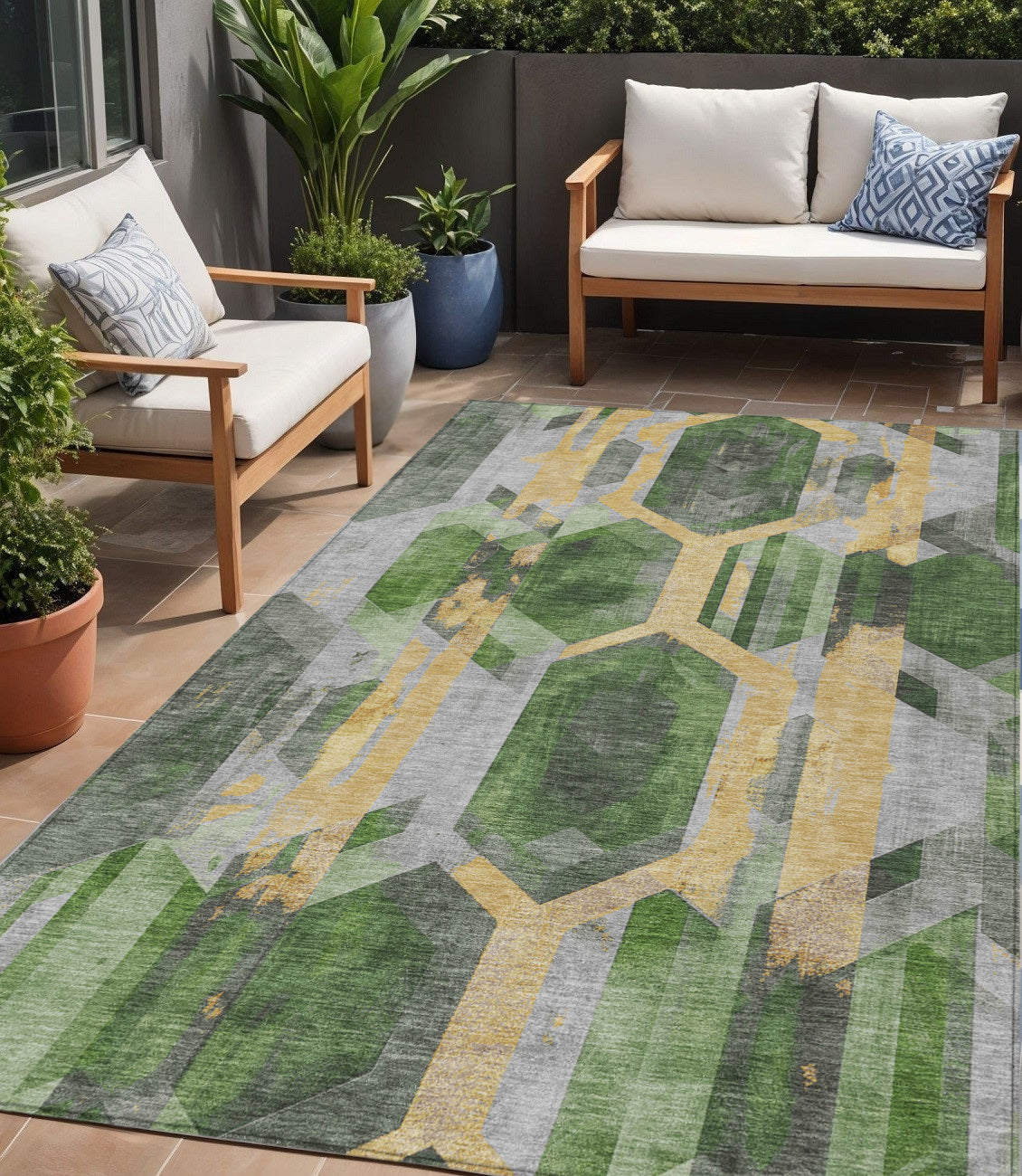 5' X 8' Green Gold And Silver Geometric Washable Indoor Outdoor Area Rug