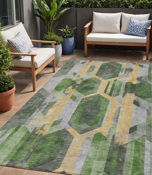 5' X 8' Green Gold And Silver Geometric Washable Indoor Outdoor Area Rug
