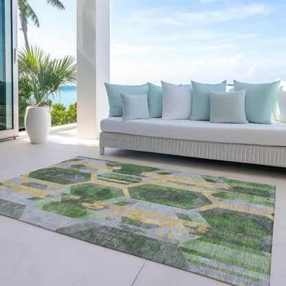 5' X 8' Green Gold And Silver Geometric Washable Indoor Outdoor Area Rug