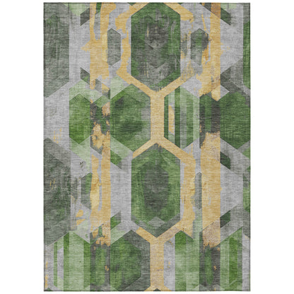 5' X 8' Green Gold And Silver Geometric Washable Indoor Outdoor Area Rug