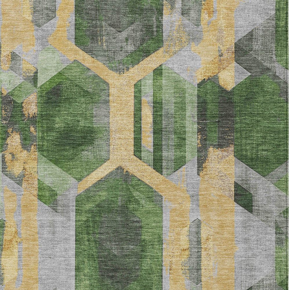 5' X 8' Green Gold And Silver Geometric Washable Indoor Outdoor Area Rug