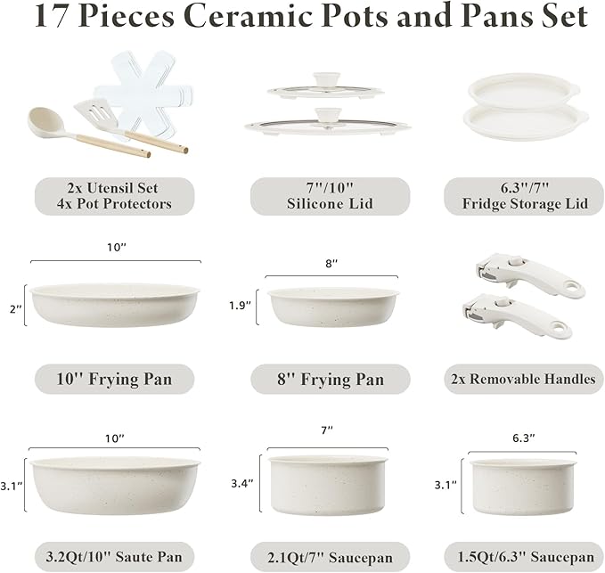 Ceramic Nonstick Cookware Set, Healthy,Non Toxic,17-Pieces Pots and Pans Set Removable Handles,Induction RV Kitchen Set,Stain & Scratch-resistant,Dishwasher/Oven Safe,PFAS/PFOA Free,Cream White