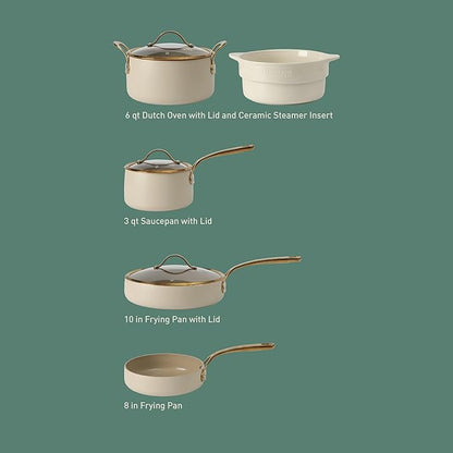 Oprah's Favorite Things - 8 Piece Pots and Pans Heavy Duty Aluminum Premium PFA Free Ceramic Nonstick Dutch Oven Pot w/Lid - Almond Cream w/Gold Handle