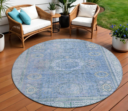 8' Blue And Ivory Round Floral Medallion Washable Indoor Outdoor Area Rug