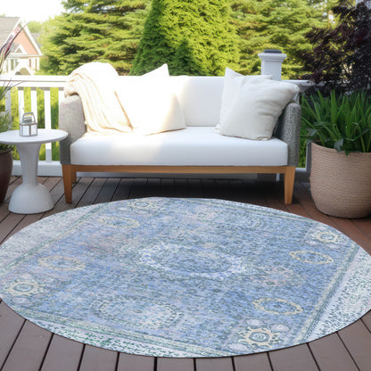 8' Blue And Ivory Round Floral Medallion Washable Indoor Outdoor Area Rug