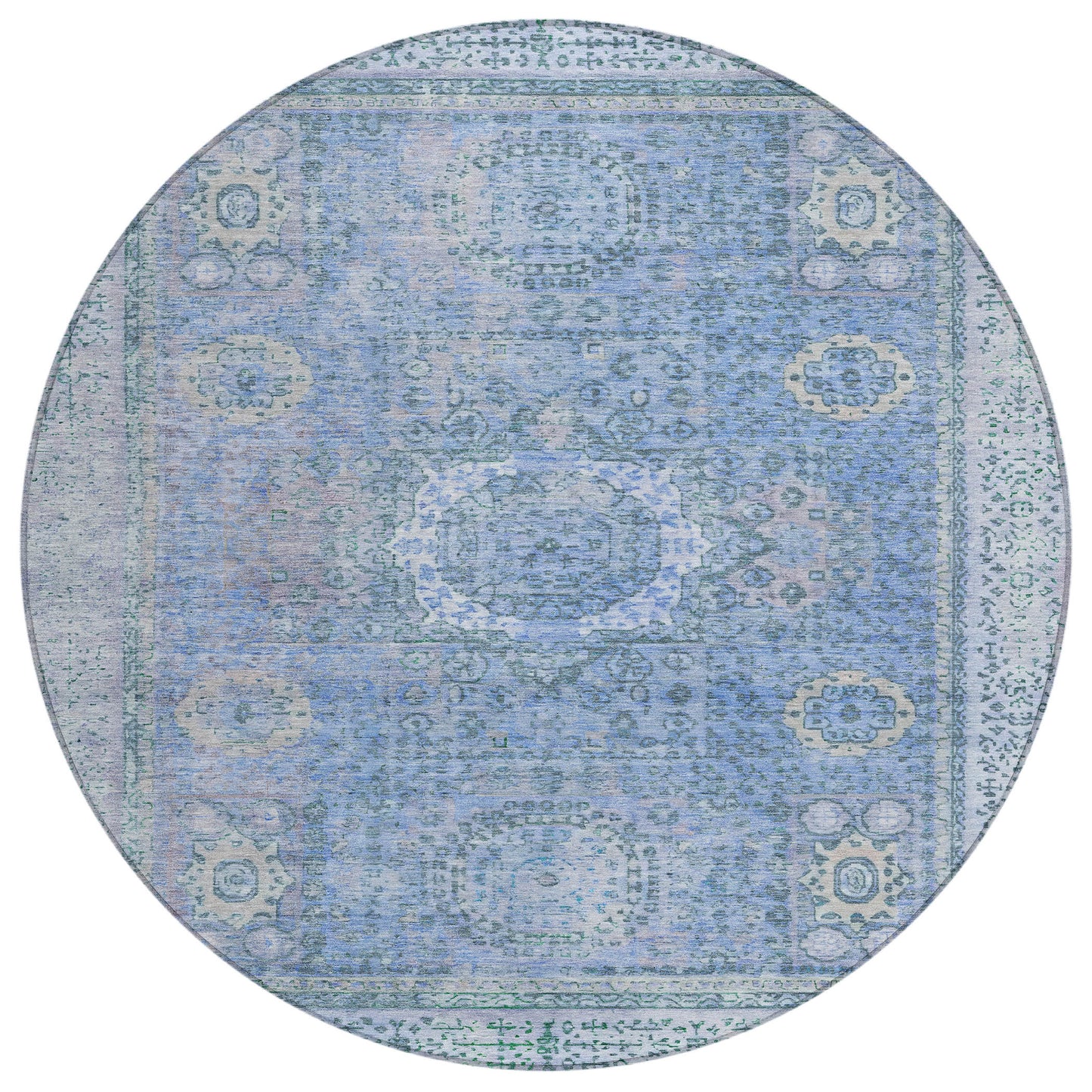 8' Blue And Ivory Round Floral Medallion Washable Indoor Outdoor Area Rug