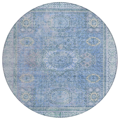 8' Blue And Ivory Round Floral Medallion Washable Indoor Outdoor Area Rug