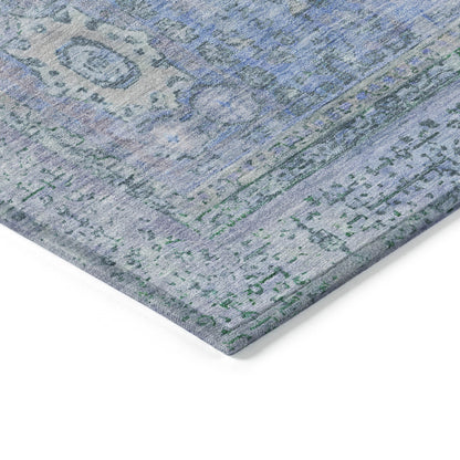 8' Blue And Ivory Round Floral Medallion Washable Indoor Outdoor Area Rug