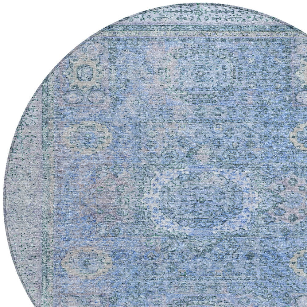 8' Blue And Ivory Round Floral Medallion Washable Indoor Outdoor Area Rug