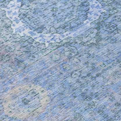 8' Blue And Ivory Round Floral Medallion Washable Indoor Outdoor Area Rug