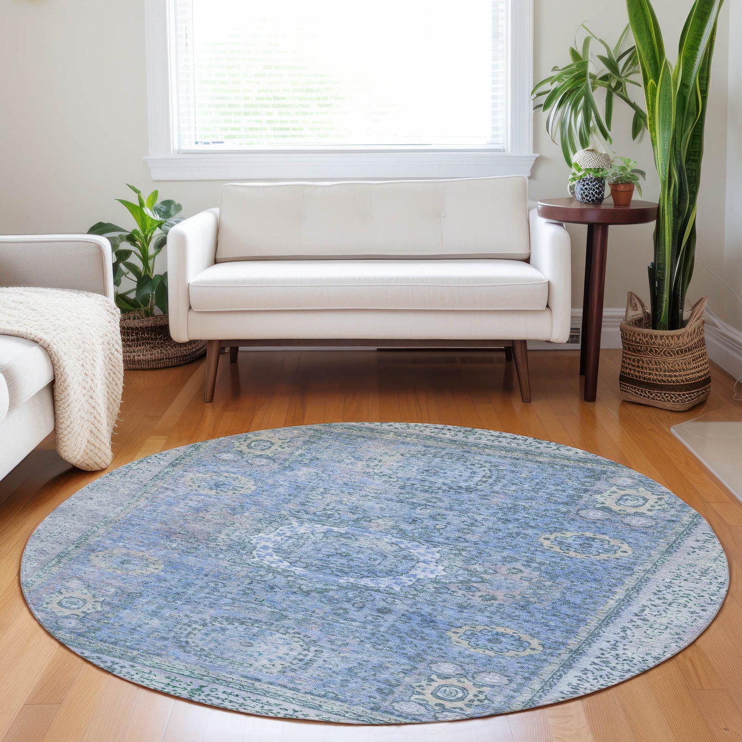 8' Blue And Ivory Round Floral Medallion Washable Indoor Outdoor Area Rug