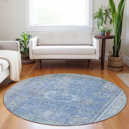 8' Blue And Ivory Round Floral Medallion Washable Indoor Outdoor Area Rug