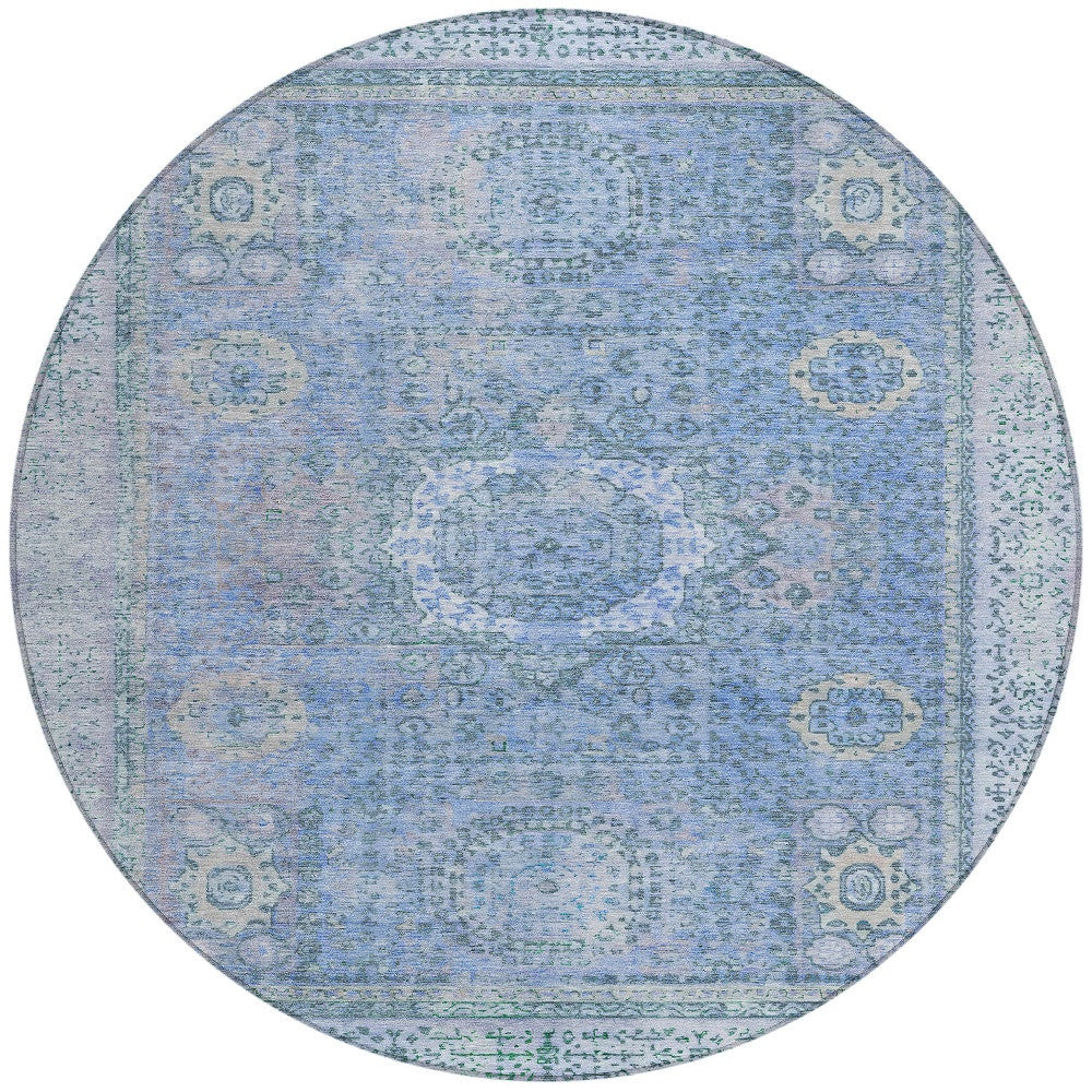 8' Blue And Ivory Round Floral Medallion Washable Indoor Outdoor Area Rug