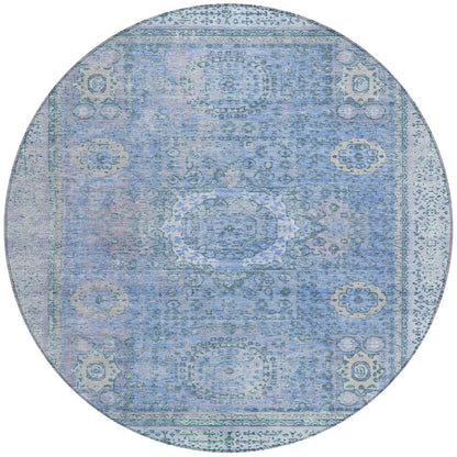 8' Blue And Ivory Round Floral Medallion Washable Indoor Outdoor Area Rug