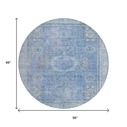 8' Blue And Ivory Round Floral Medallion Washable Indoor Outdoor Area Rug