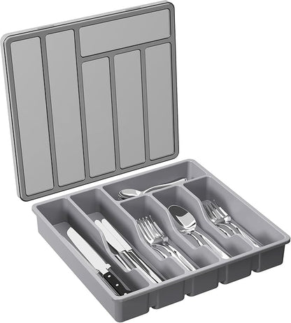 Lifewit Silverware Organizer with Lid, Covered Utensil Tray for Kitchen Drawer and Countertop, Plastic Cutlery and Flatware Storage Box for Spoons Forks Knives Holder Case, 6 Compartments, Gray