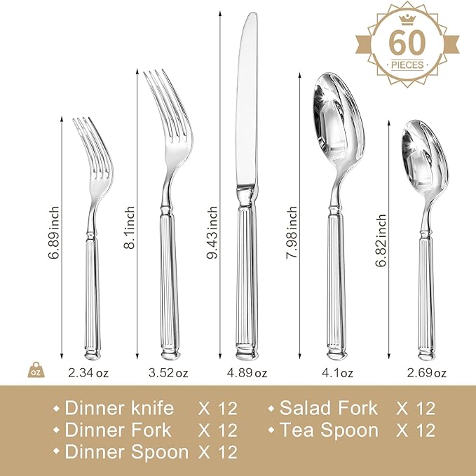 KINGSTONE Silverware Set for 12, 18/10 Stainless Steel Flatware Set Cutlery Set with Roman Column Style Thick Handle, Ideal for Family, Restaurant, Weddings, Parties and Gifts, Dishwasher Safe