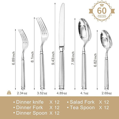 KINGSTONE Silverware Set for 12, 18/10 Stainless Steel Flatware Set Cutlery Set with Roman Column Style Thick Handle, Ideal for Family, Restaurant, Weddings, Parties and Gifts, Dishwasher Safe