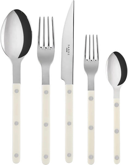 5-Piece Flatware Set - Bistrot Collection - Knife, Fork, Soup Spoon, Teaspoon & Dessert Fork - Stainless Steel & Nylon - Dishwasher Safe - Ivory - Brilliant Finish