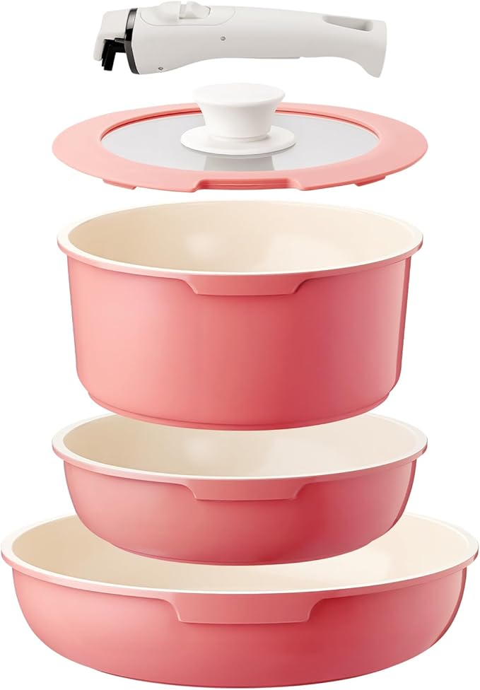 IKTU Ceramic Pots and Pans Set Non Stick Pink, 5Pcs Nonstick Cookware Set with Detachable Handle RV Camping Induction Kitchen Cookware Set Non Stick, PFAS PFOA & PTFE Free
