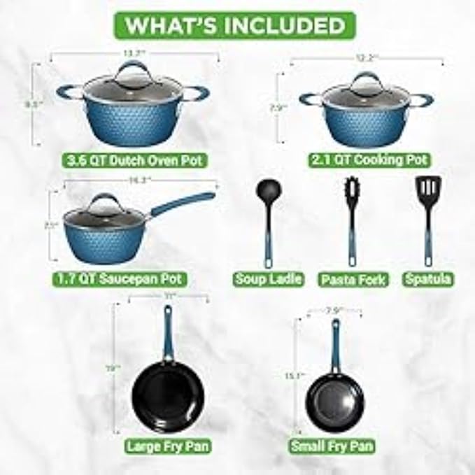 NutriChef 11 Pc Pots and Pans Set Non Stick Cookware with Ceramic Coating, Ergonomic Handles, Induction Ready, Includes Saucepan, Dutch Oven, Large & Small Fry Pans, Royal Blue