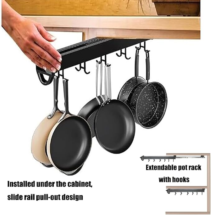 Hanging Pot Rack with 8 Hook for Cabinet 18inch Pull Out Pot and Pan organizer Adjustable Pot Racks with Sliding Rail Storage Utility Rack Used for Kitchen/Closet/Cupboard,Load 75LBS