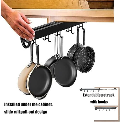 Hanging Pot Rack with 8 Hook for Cabinet 18inch Pull Out Pot and Pan organizer Adjustable Pot Racks with Sliding Rail Storage Utility Rack Used for Kitchen/Closet/Cupboard,Load 75LBS