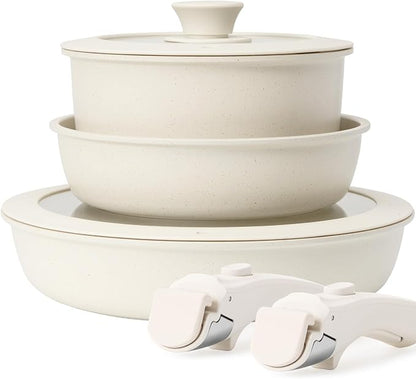 KIKCOIN 7 Pcs Pots and Pans Set Non Stick, Kitchen Cookware Set with 2 Detachable Handles &2 Lids, Non Toxic Induction RV Cooking Set with Removable Hand   les, Dishwasher/Oven Safe, Apartment Essentials