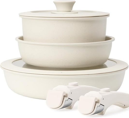 KIKCOIN 7 Pcs Pots and Pans Set Non Stick, Kitchen Cookware Set with 2 Detachable Handles &2 Lids, Non Toxic Induction RV Cooking Set with Removable Hand   les, Dishwasher/Oven Safe, Apartment Essentials