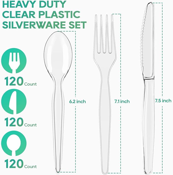 FOCUSLINE 360 Count Clear Plastic Silverware, 120 Forks, Knives and Spoons Each, BPA-Free, Heavy Duty Disposable Cutlery Set, Premium Disposable Flatware Plastic Utensils for Party Everyday Use