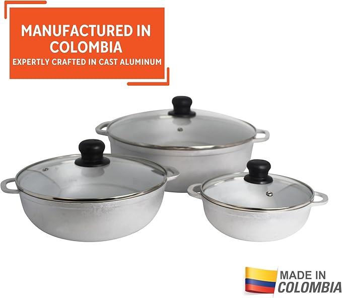 IMUSA Caldero Stock Pot with Glass Lid 3pc Set, 1.5/3.5/7 QT, Cast Aluminum, Perfect for Serving Large & Small Groups, Riveted Handles, Made in Colombia, Silver