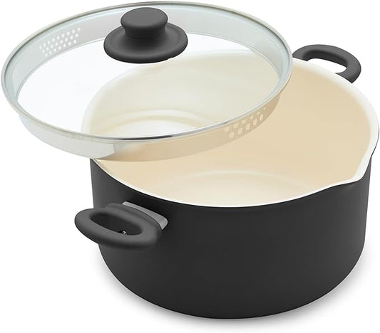 GreenLife 6QT Ceramic Nonstick Stockpot with Glass Straining Lid, PFAS & PFOA-Free, Dishwasher Safe, Stay-Cool Handles, Oven Safe to 350°F, Wobble-Free Base, Even Heating, Black