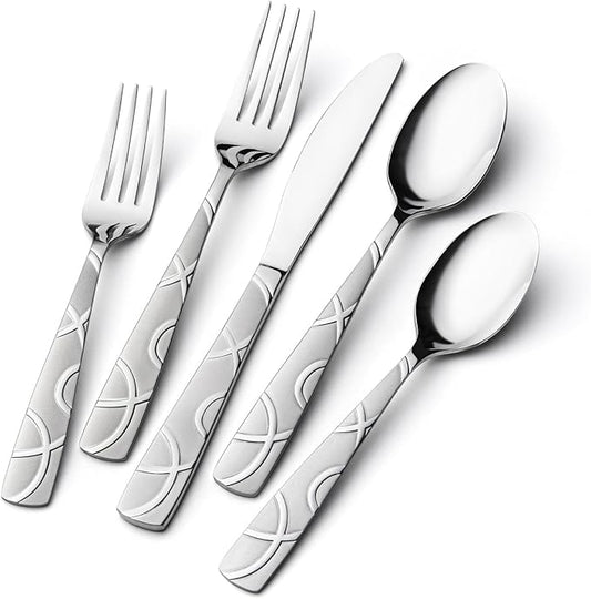 HIKAA 40PCS Stainless Steel Silverware Set, Modern Flatware Set for Kitchen, Mirror Polished Cutlery Set with Forks, Spoons and Knives，Dishwasher Safe