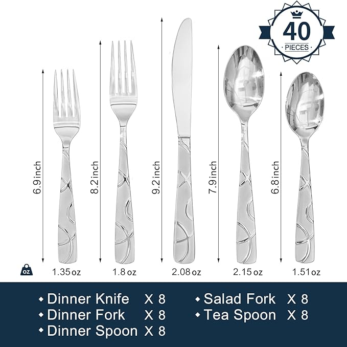 HIKAA 40PCS Stainless Steel Silverware Set, Modern Flatware Set for Kitchen, Mirror Polished Cutlery Set with Forks, Spoons and Knives，Dishwasher Safe