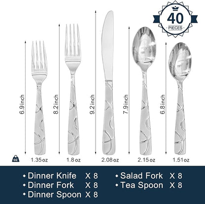 HIKAA 40PCS Stainless Steel Silverware Set, Modern Flatware Set for Kitchen, Mirror Polished Cutlery Set with Forks, Spoons and Knives，Dishwasher Safe
