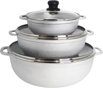 IMUSA Caldero Stock Pot with Glass Lid 3pc Set, 1.5/3.5/7 QT, Cast Aluminum, Perfect for Serving Large & Small Groups, Riveted Handles, Made in Colombia, Silver