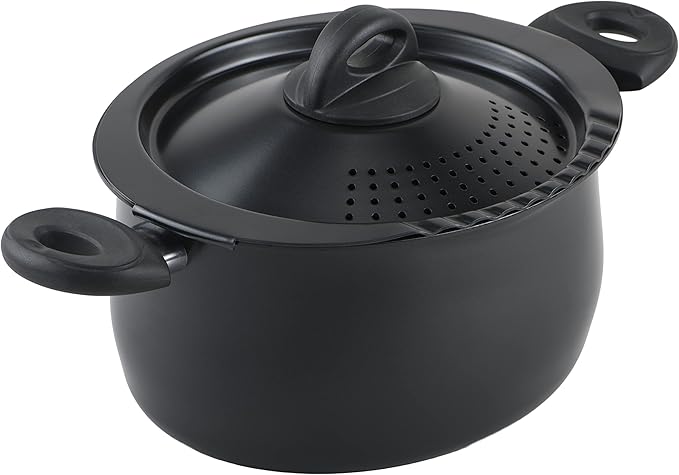 Bialetti 5.5 Quart Pasta Pot with Strainer Lid, Charcoal – Elongated Oval Pot for Longer Spaghetti, Lasagna, Penne & Farfalle Noodles, Heat Resistant Handles & Nonstick Interior, Large Pot for Cooking