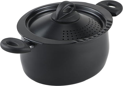 Bialetti 5.5 Quart Pasta Pot with Strainer Lid, Charcoal – Elongated Oval Pot for Longer Spaghetti, Lasagna, Penne & Farfalle Noodles, Heat Resistant Handles & Nonstick Interior, Large Pot for Cooking