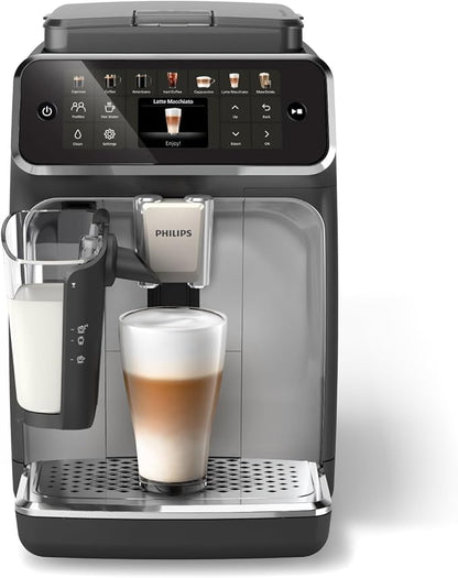 PHILIPS 4400 Series Fully Automatic Espresso Machine – 12 Hot & Iced Coffees, Quick-to-Clean LatteGo Milk System, SilentBrew, QuickStart, Ceramic Grinder, Black Chrome (EP4444/90)